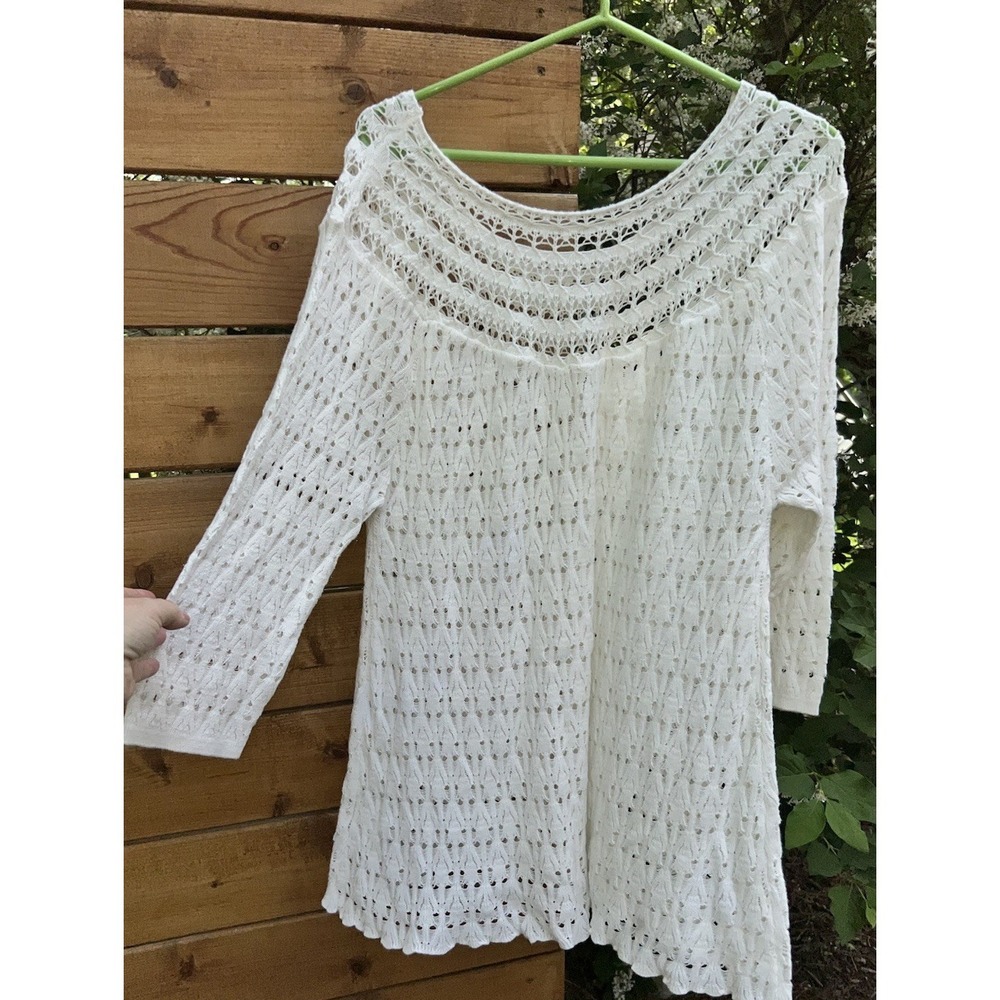 Melia XL Crochet Knit Sweater White Boho Beachy Open Knit Cotton Blend - Picture 5 of 10